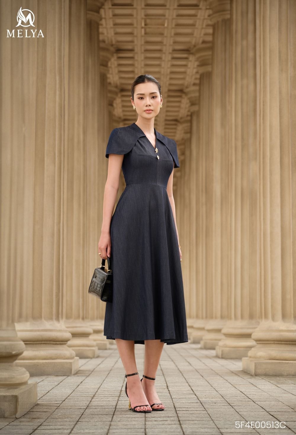 Đầm xoè - Denim tay cách điệu - Xanh tím than