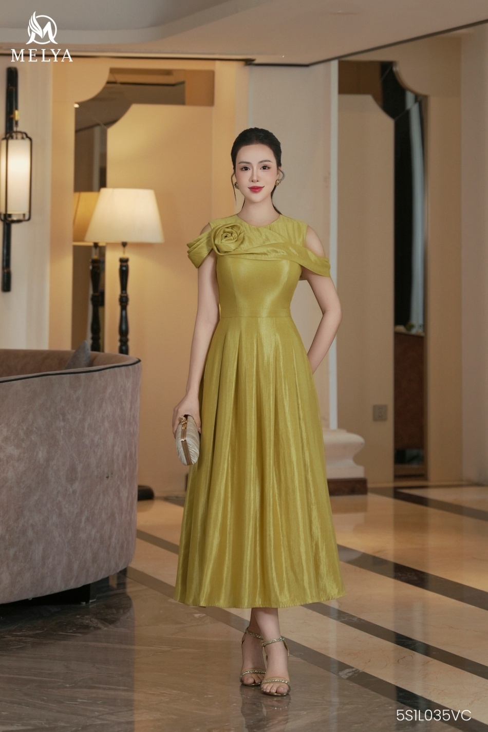 Đầm xoè - Florist dress hoa vai - Vàng champage