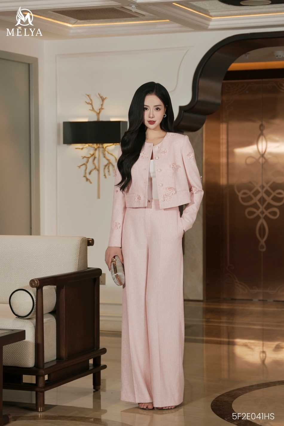 Set bộ - Fleur - Áo khoác hoa & quần suông - Hồng phấn