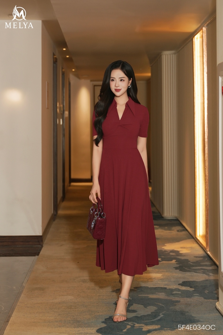 Đầm - Rosana - Jersey cổ Đức xoắn ngực - Đỏ đô