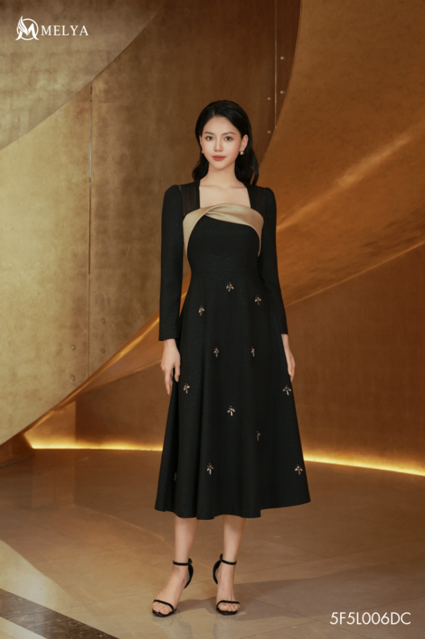 Đầm xòe - Twilight Bloom đính đá phối taffta lụa - Đen