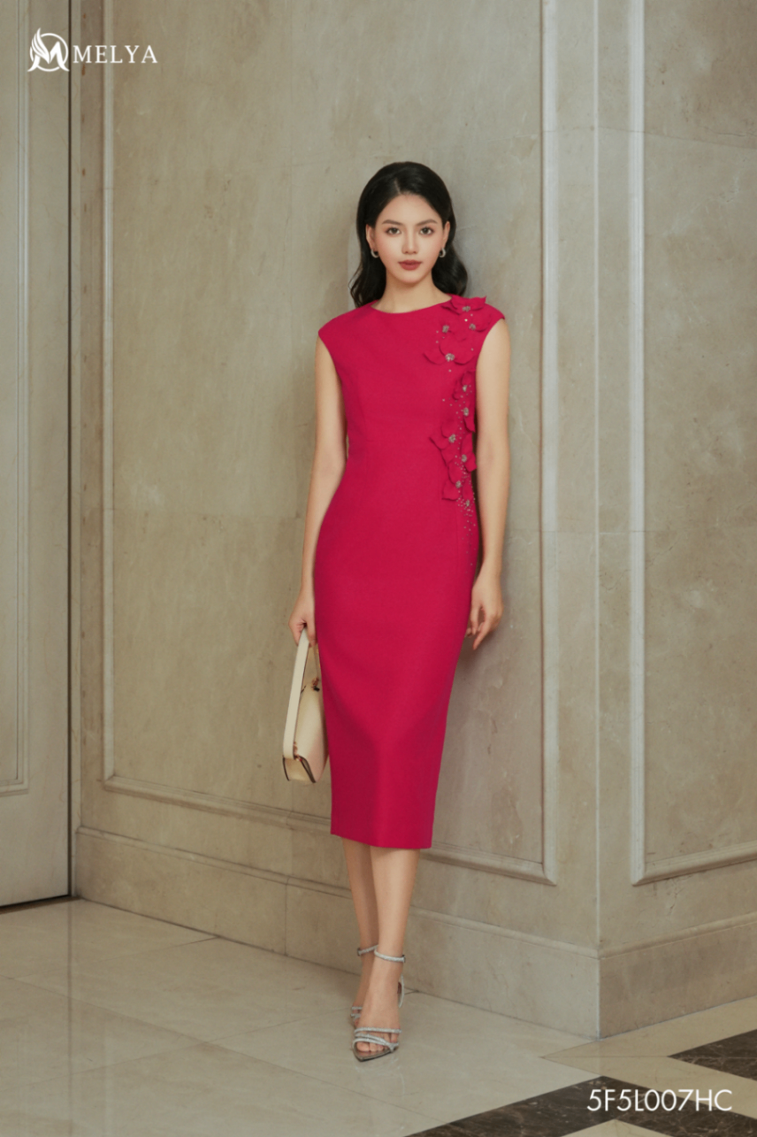 Đầm ôm - Floral đính hoa 3D - Hồng