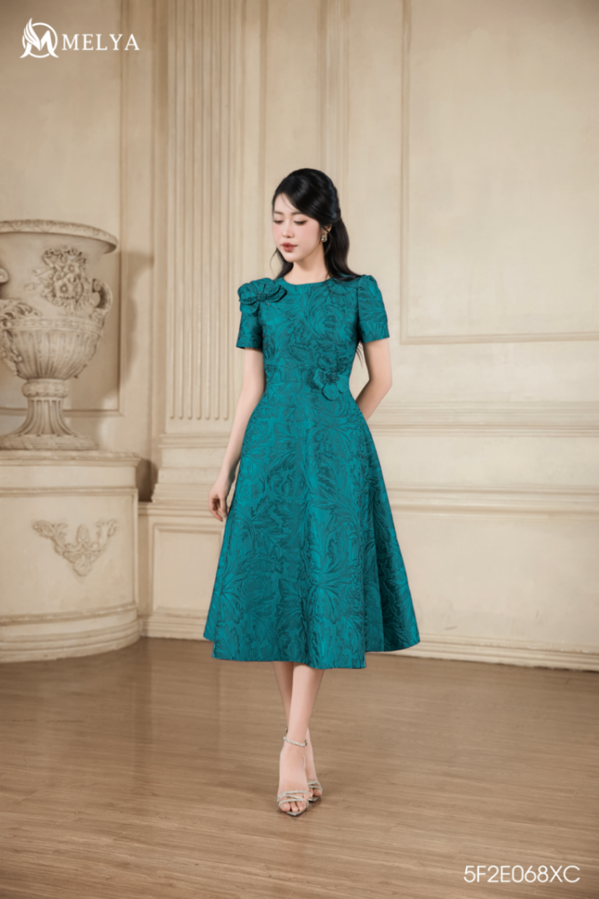 Đầm xòe - Lunelle dress gấm vân hoa 3D - Xanh cổ vịt