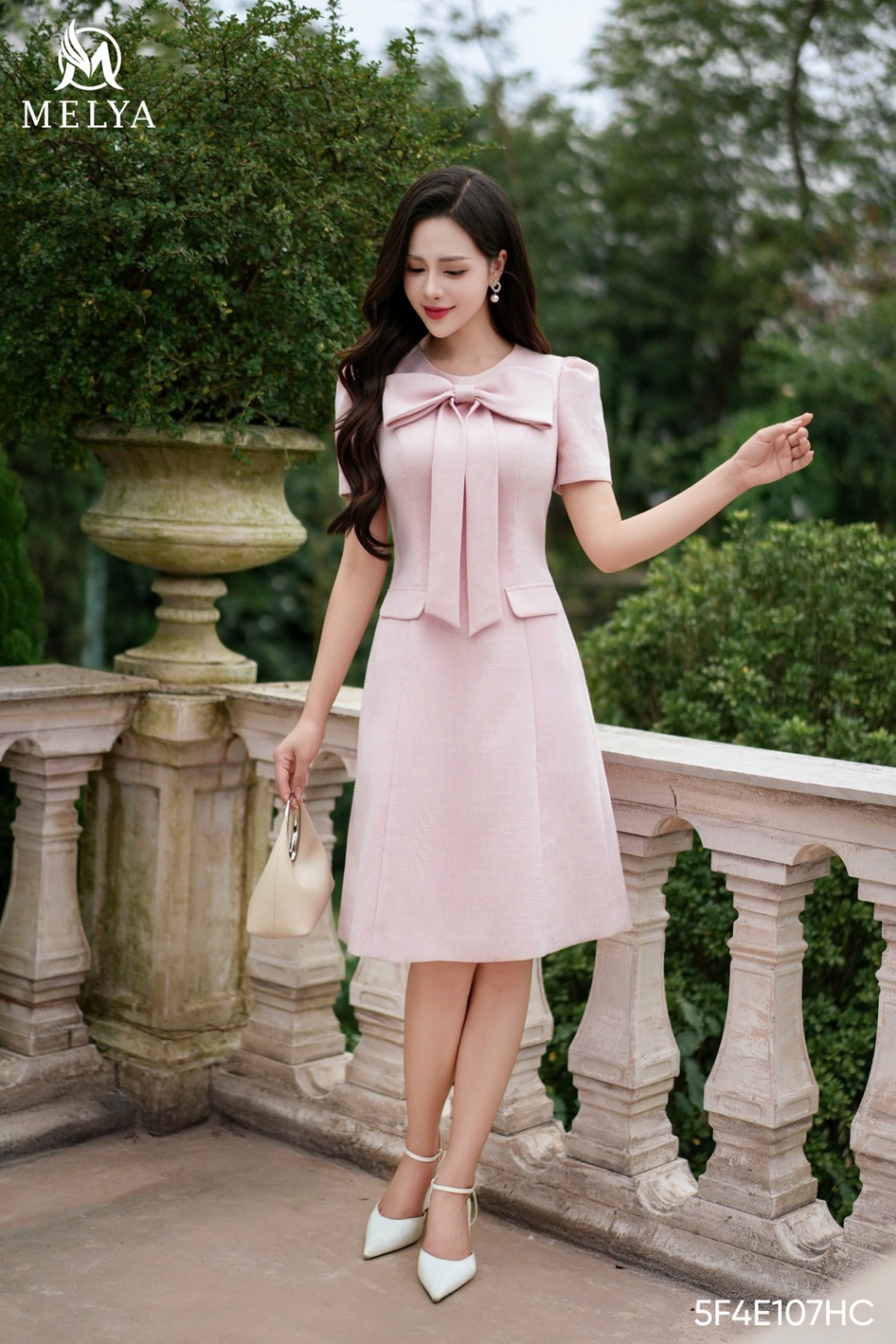 Đầm A - Pink bow dress cổ nơ tex kim tuyến - Hồng phấn