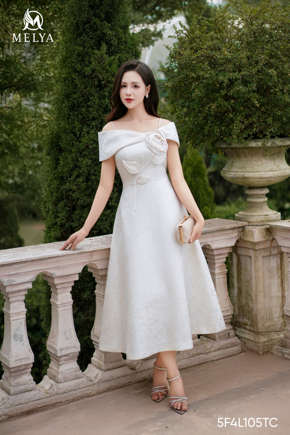 Đầm xòe - Althea dress gấm trễ vai hoa hồng ngọc trai - Trắng kem