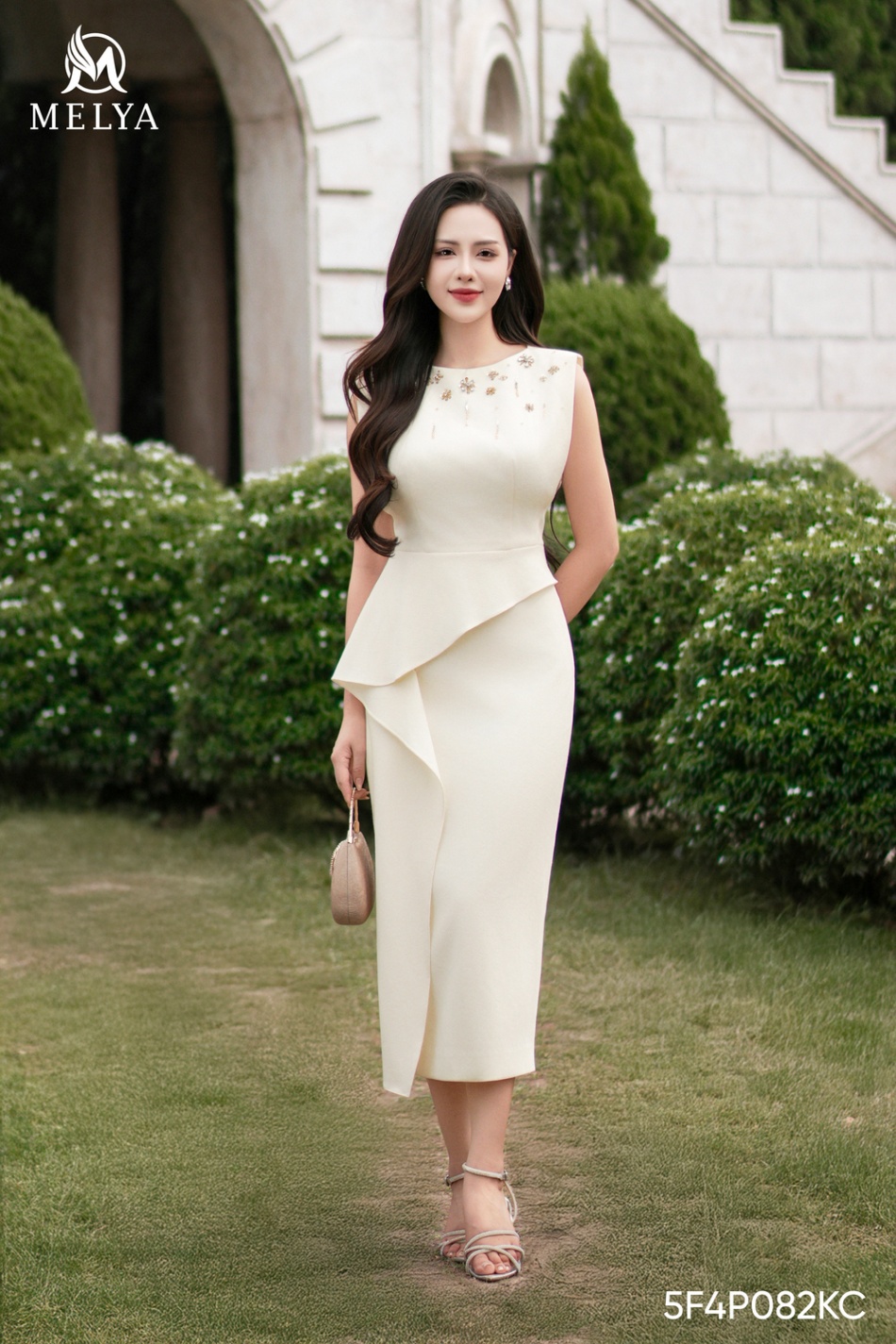 Đầm ôm - Ivory rain dress vạt bèo tay chờm - Kem