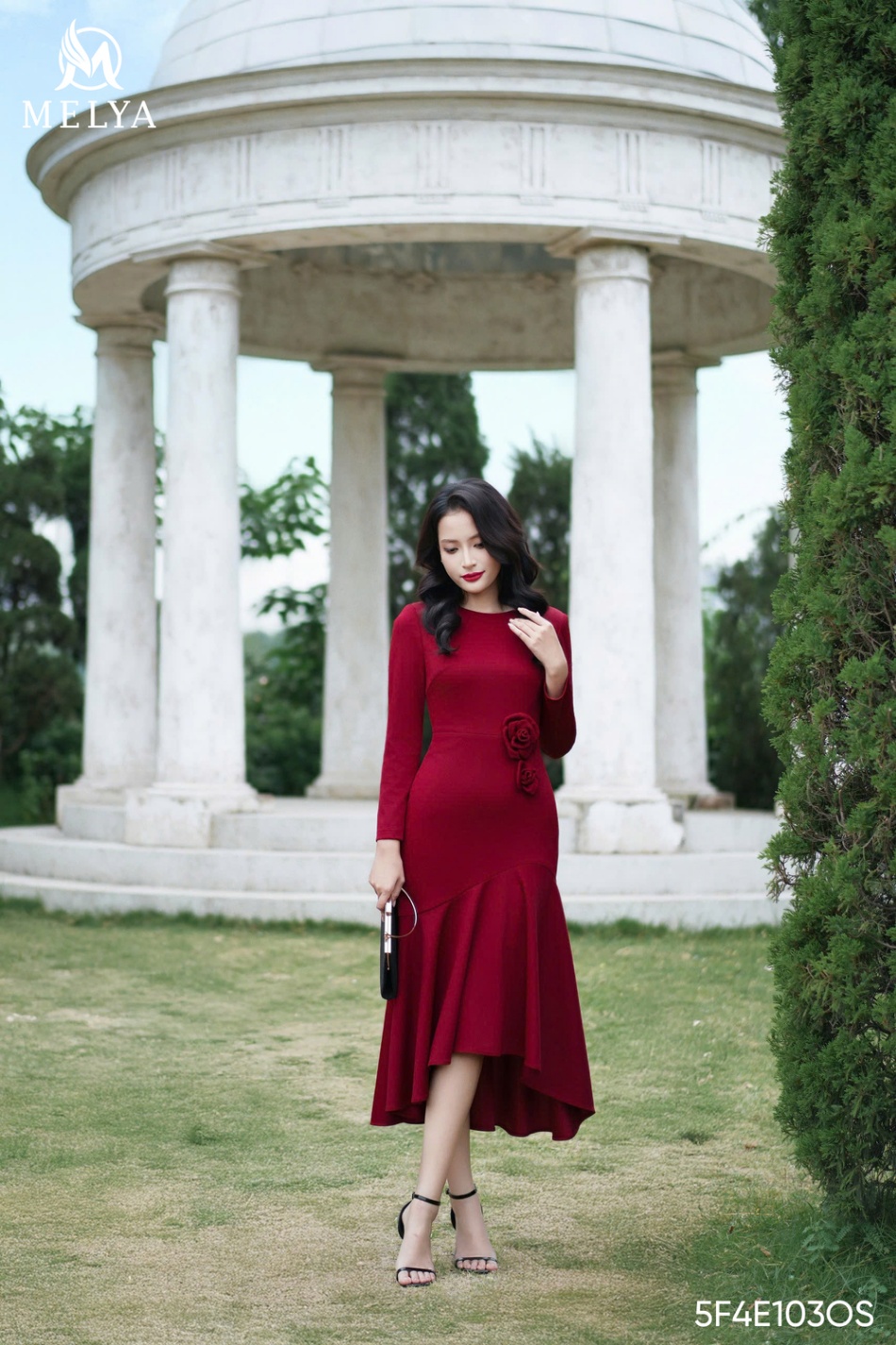 Đầm đuôi cá - Ruby bloom dress hoa nổi eo - Đỏ thuần