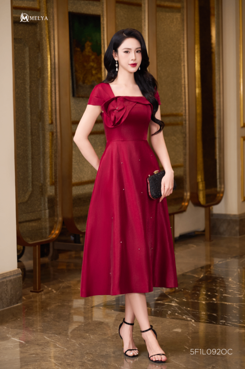 Đầm xoè - Sora dress hoa lệch tay - Đỏ rượu