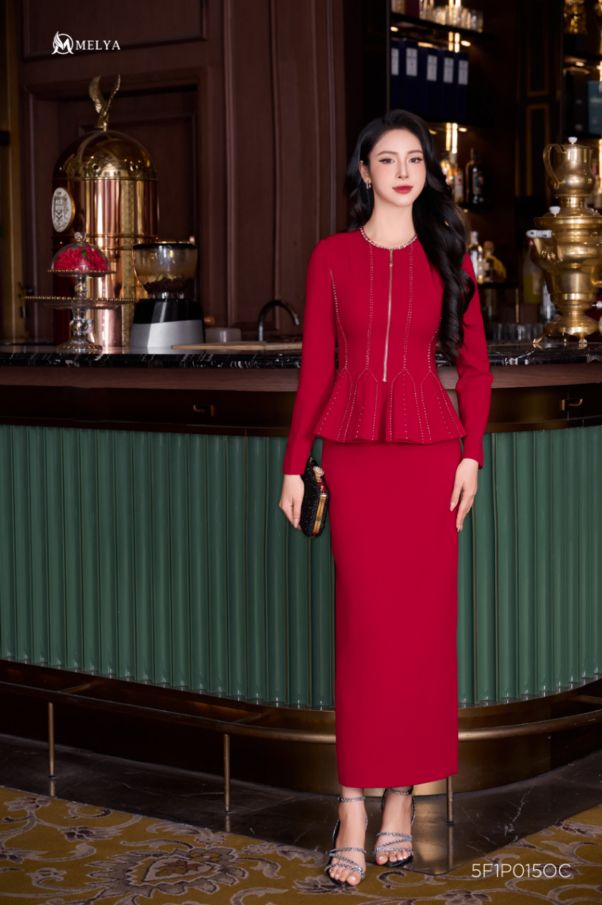 Set bộ - Diva tay dài peplum các điệu - Đỏ thuần