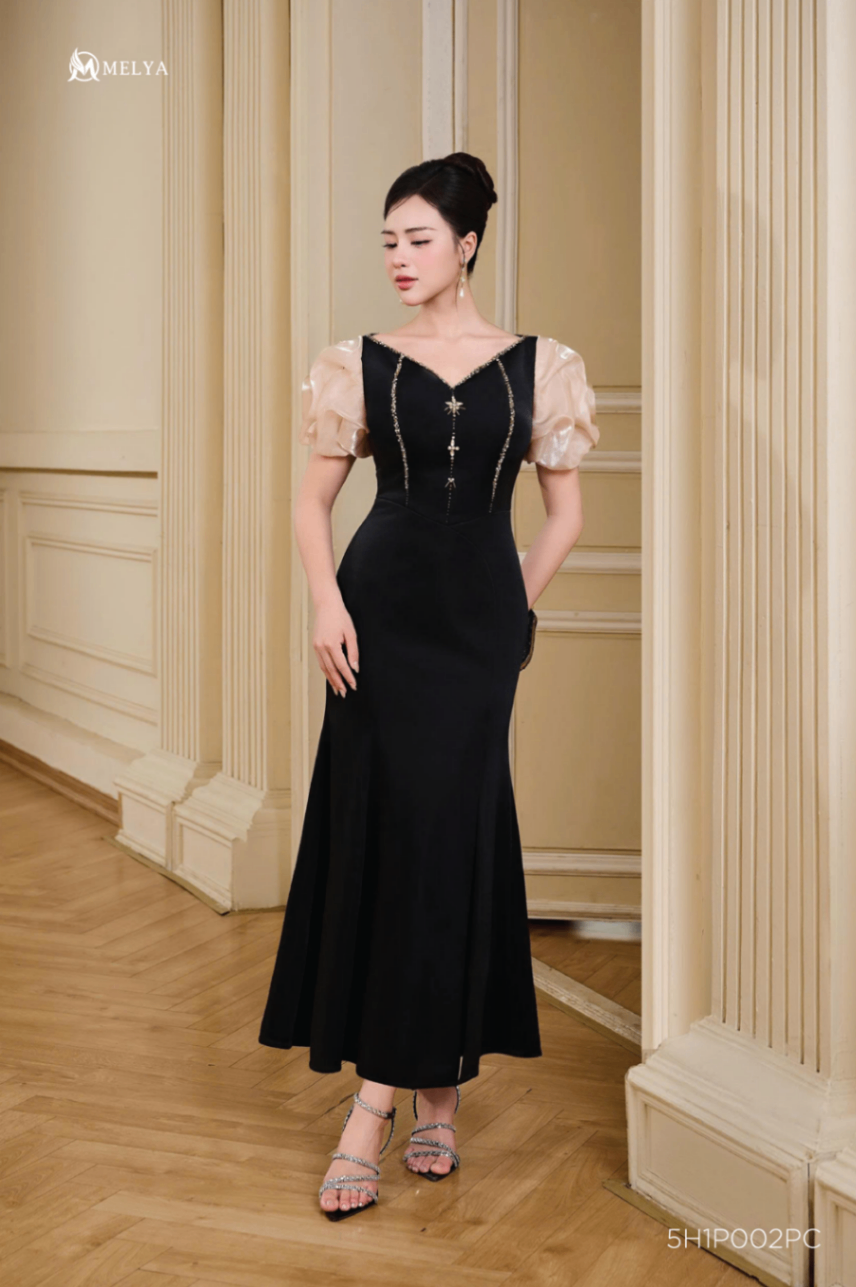 Đầm đuôi cá - Elena dress tay vân mây - Đen phối be