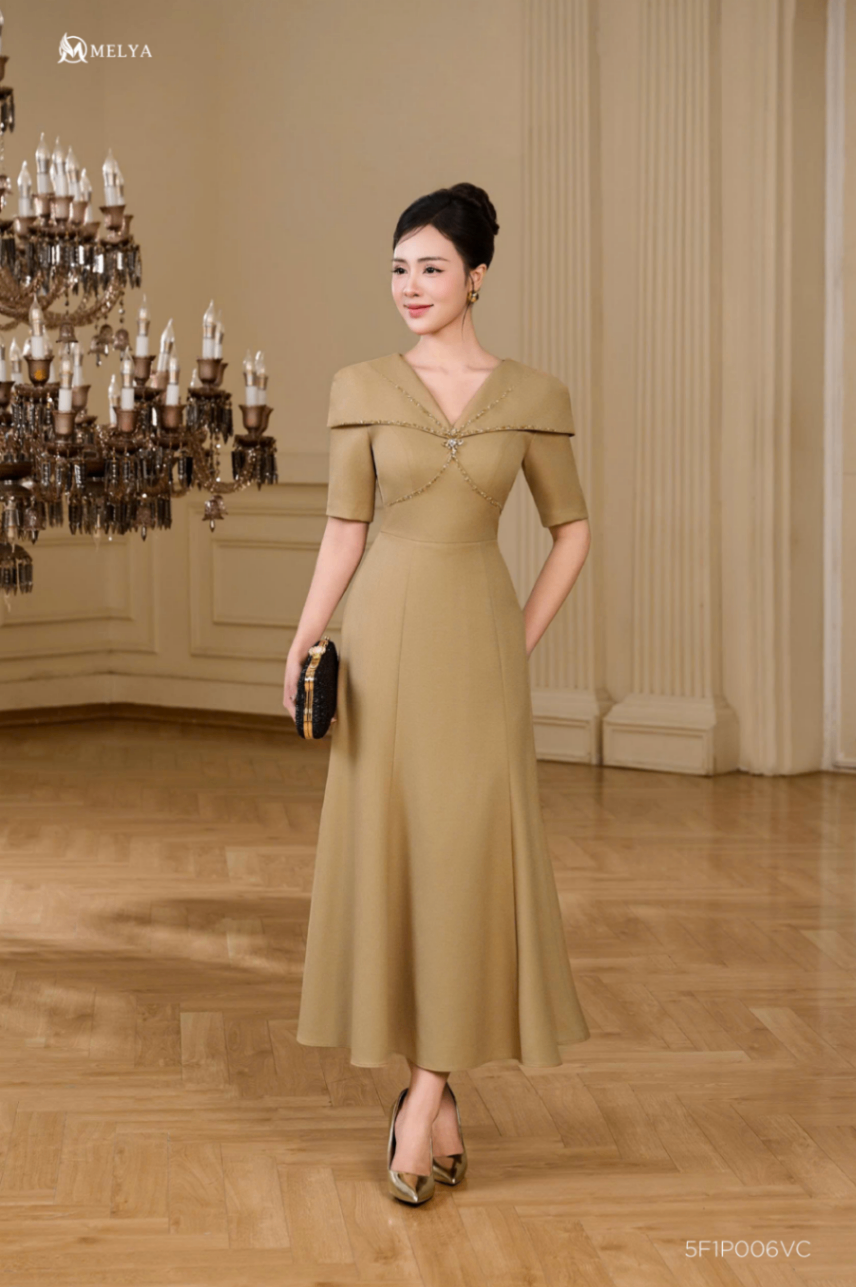 Đầm đuôi cá - Legacy dress vai chờm tay lỡ - Vàng Champage