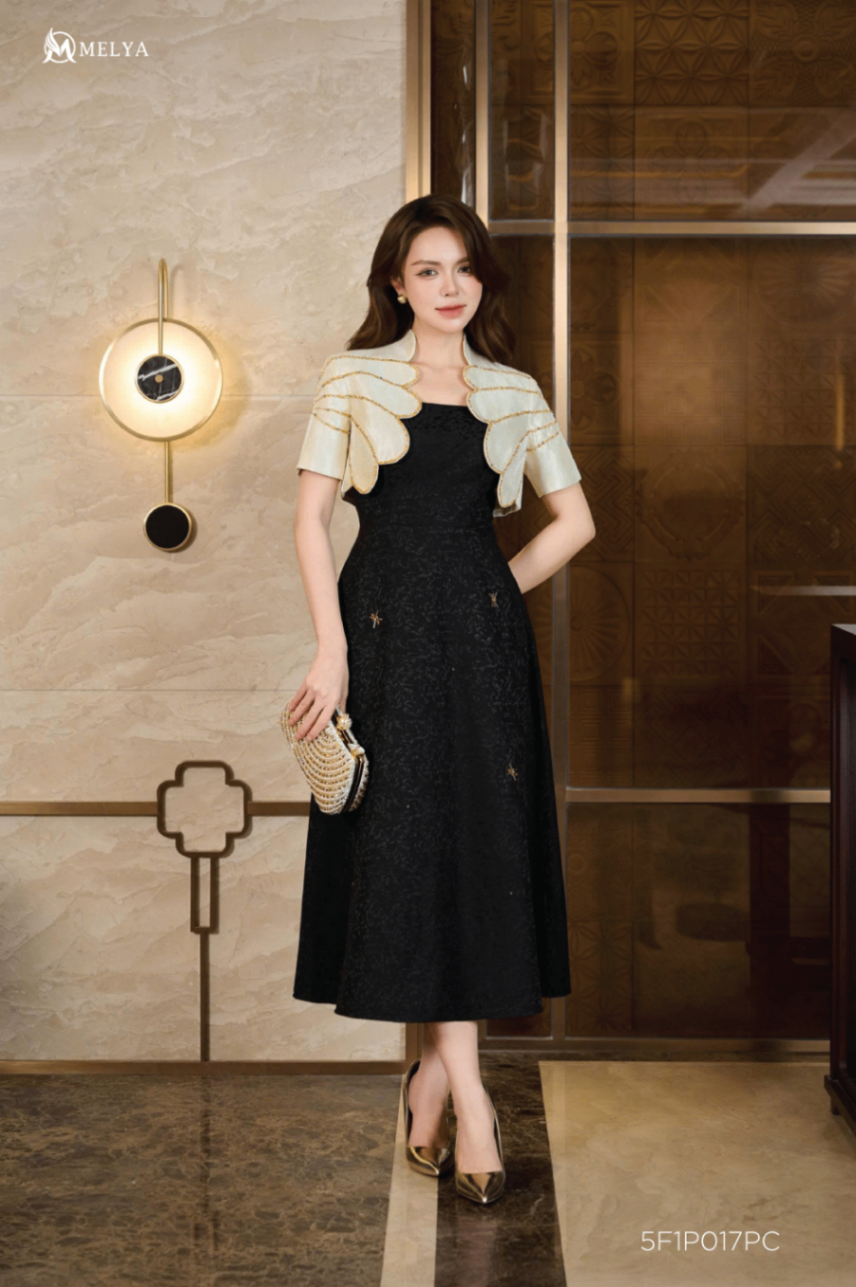 Set bộ - Prime hoa cúc đầm & áo khoác - Đen phối be