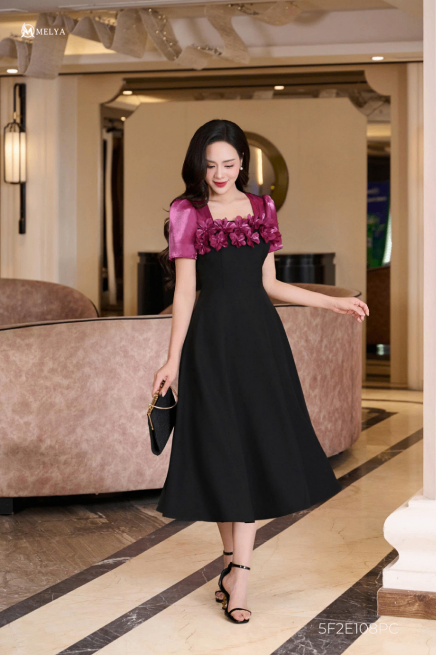 Đầm xòe - Ánh uyển - Đen phối hồng cẩm