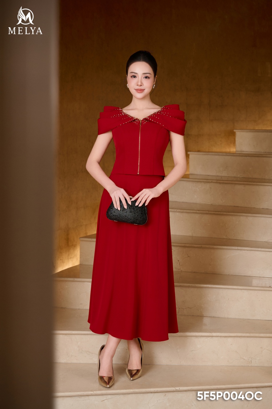 Set bộ - Red pearl áo kiểu & chân váy xòe - Đỏ