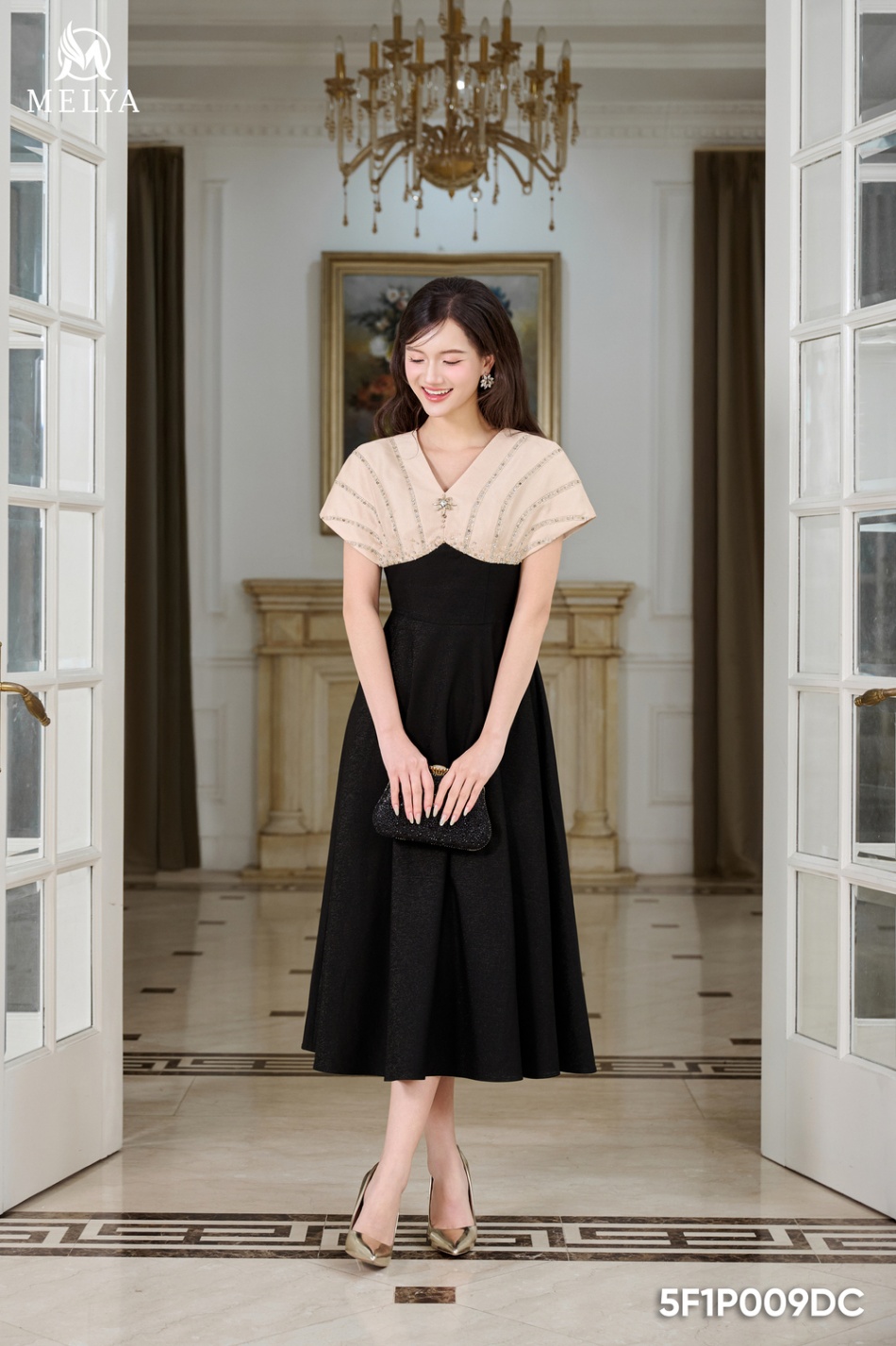 Đầm - Royal dress vai chờm - Đen phối be