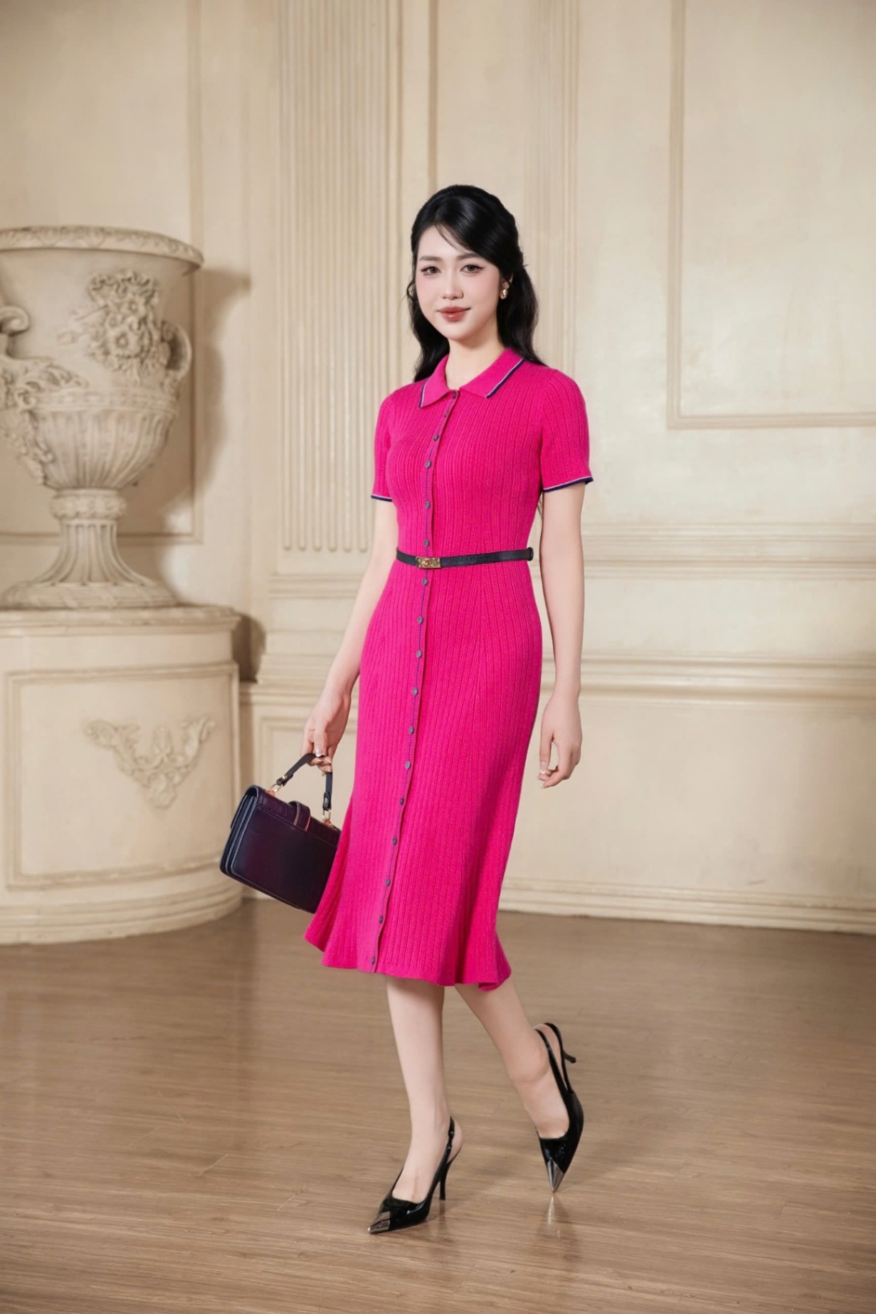 Đầm len - Rose knit dáng xòe kèm đai - Hồng