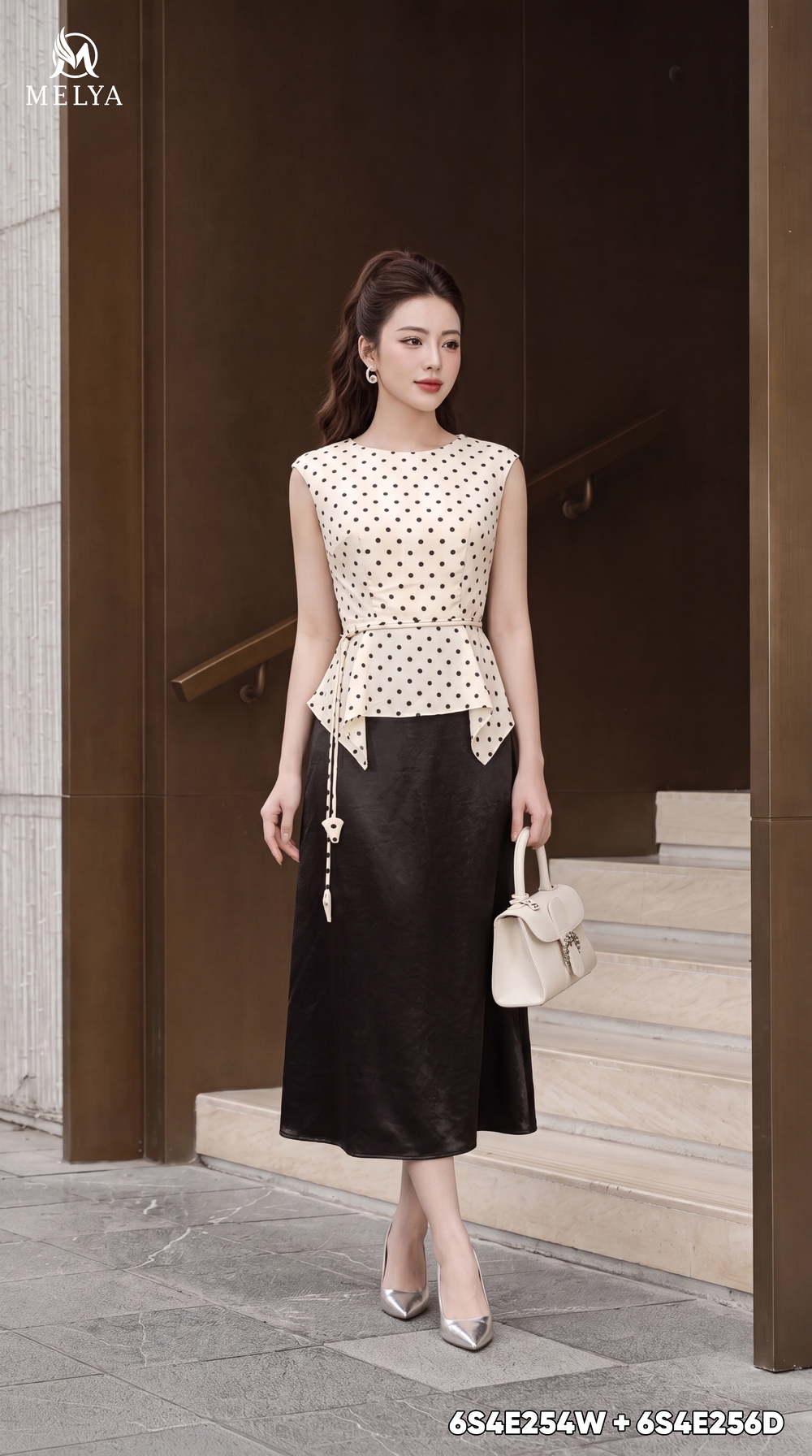 Áo kiểu - Pearl dot blouse kèm đai - Kem chấm bi đen
