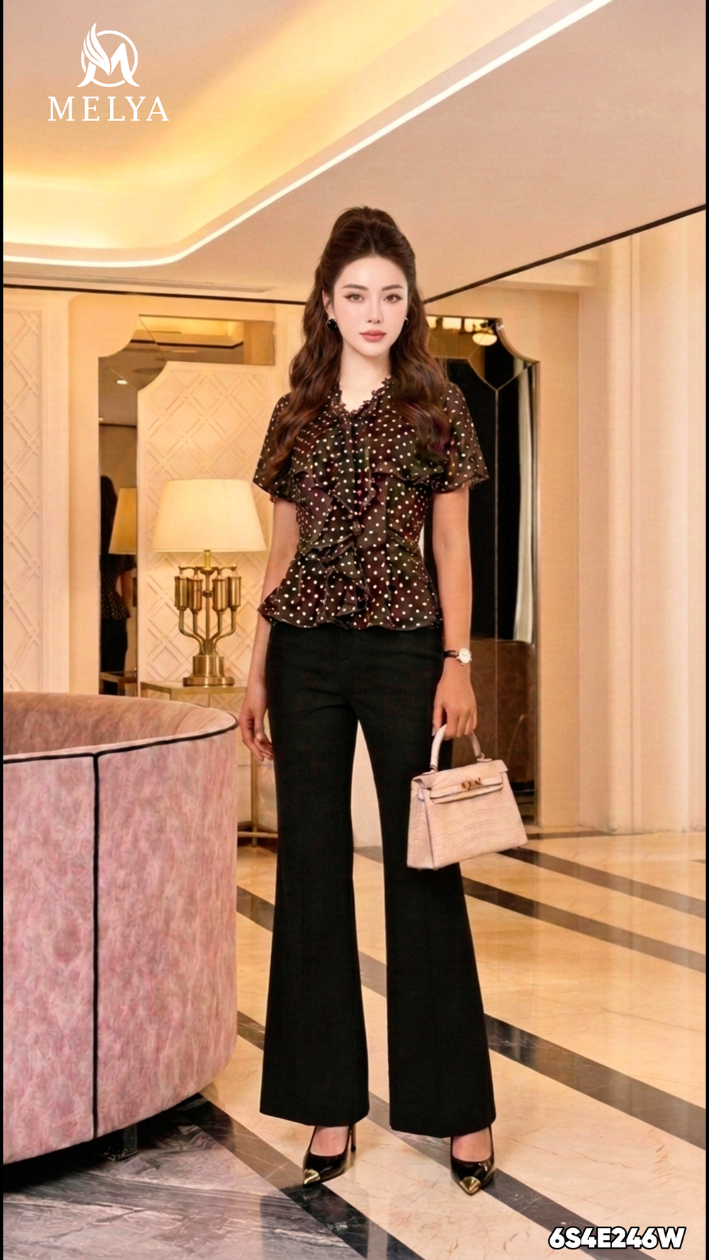 Áo sơ mi - Chiffon chấm bi cổ bèo cách điệu - Nâu đậm phổi chấm bi trắng
