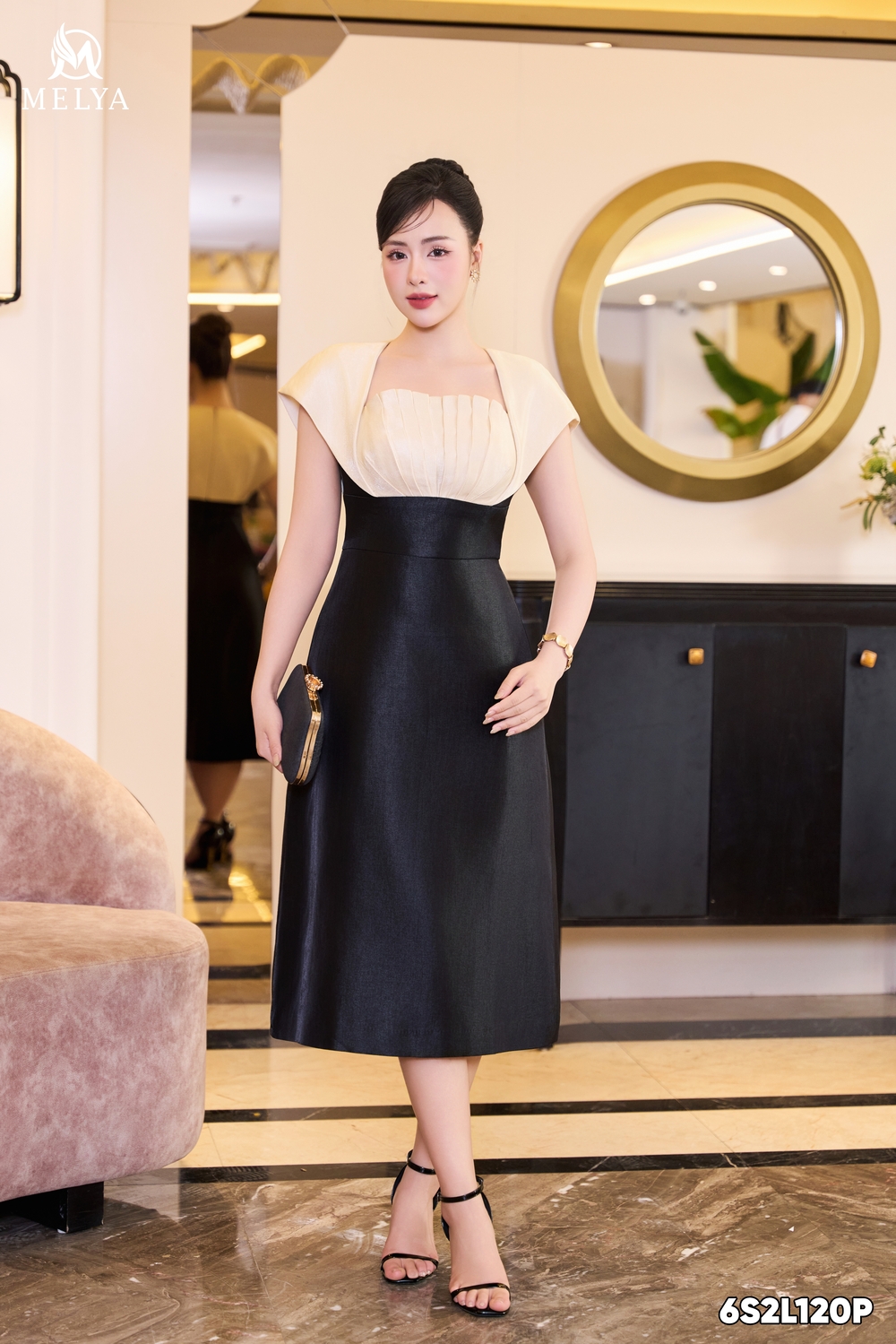 Đầm A - Thư dạ - Đen phối kem