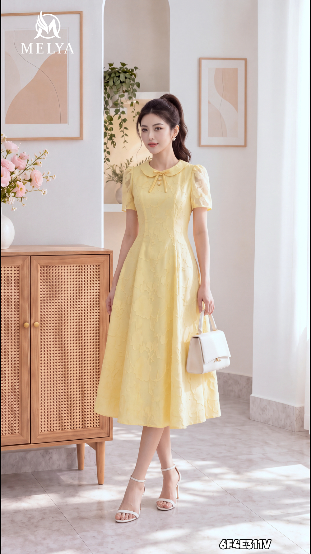 Đầm xoè - Cổ nơ - Vàng pastel
