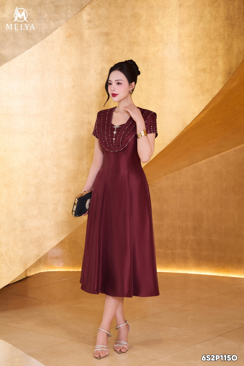 Đầm xòe - Hồng tụ hoa sa - Đỏ rượu vang