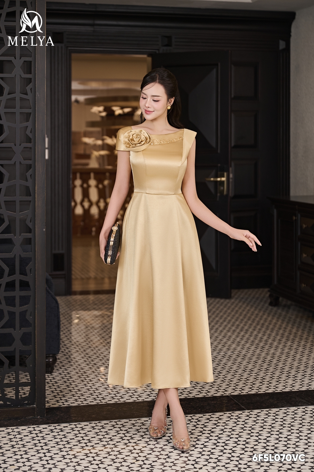 Đầm xòe - Satin rose - Vàng champaign