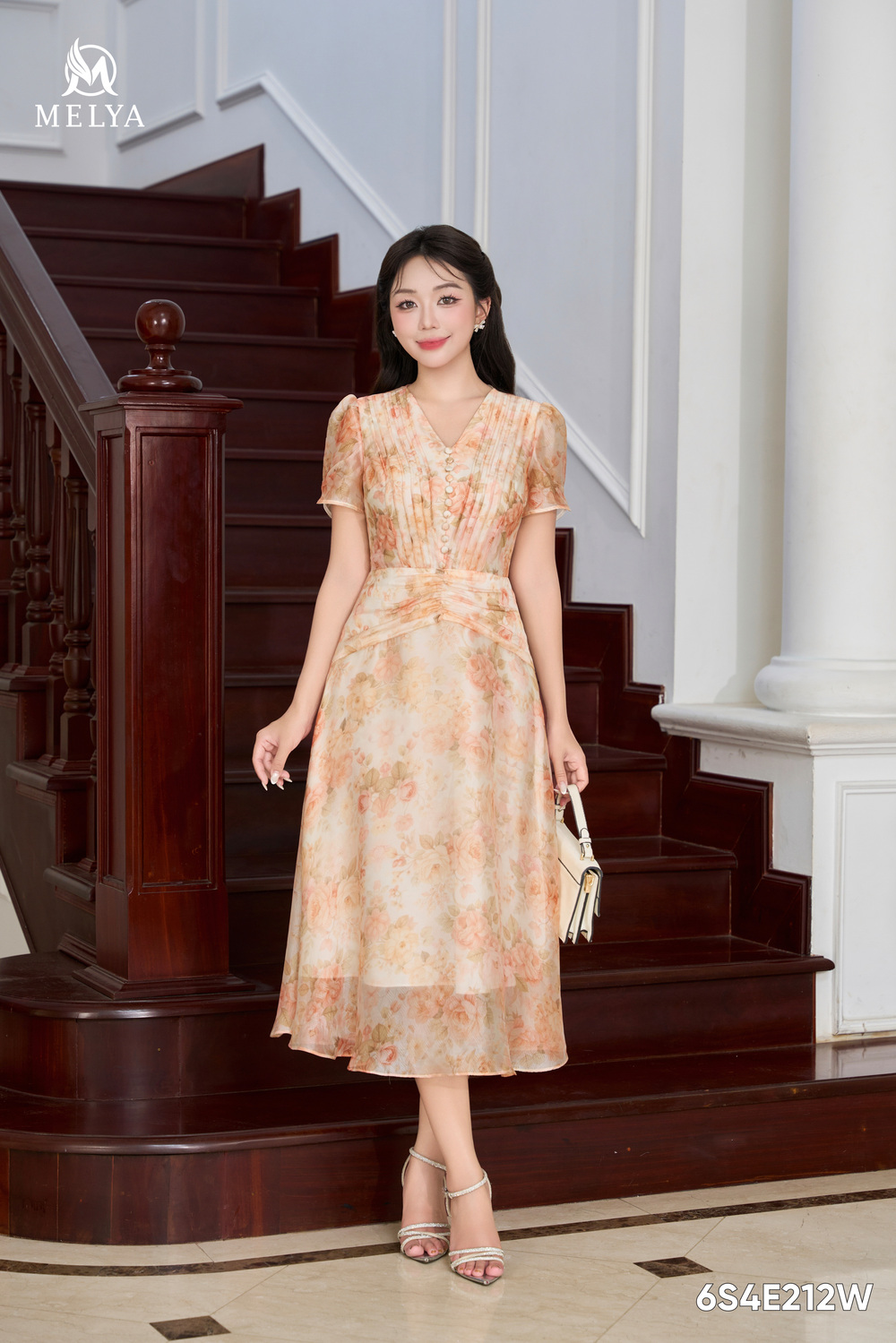 Đầm xoè - Tơ hoa in - Vàng cam