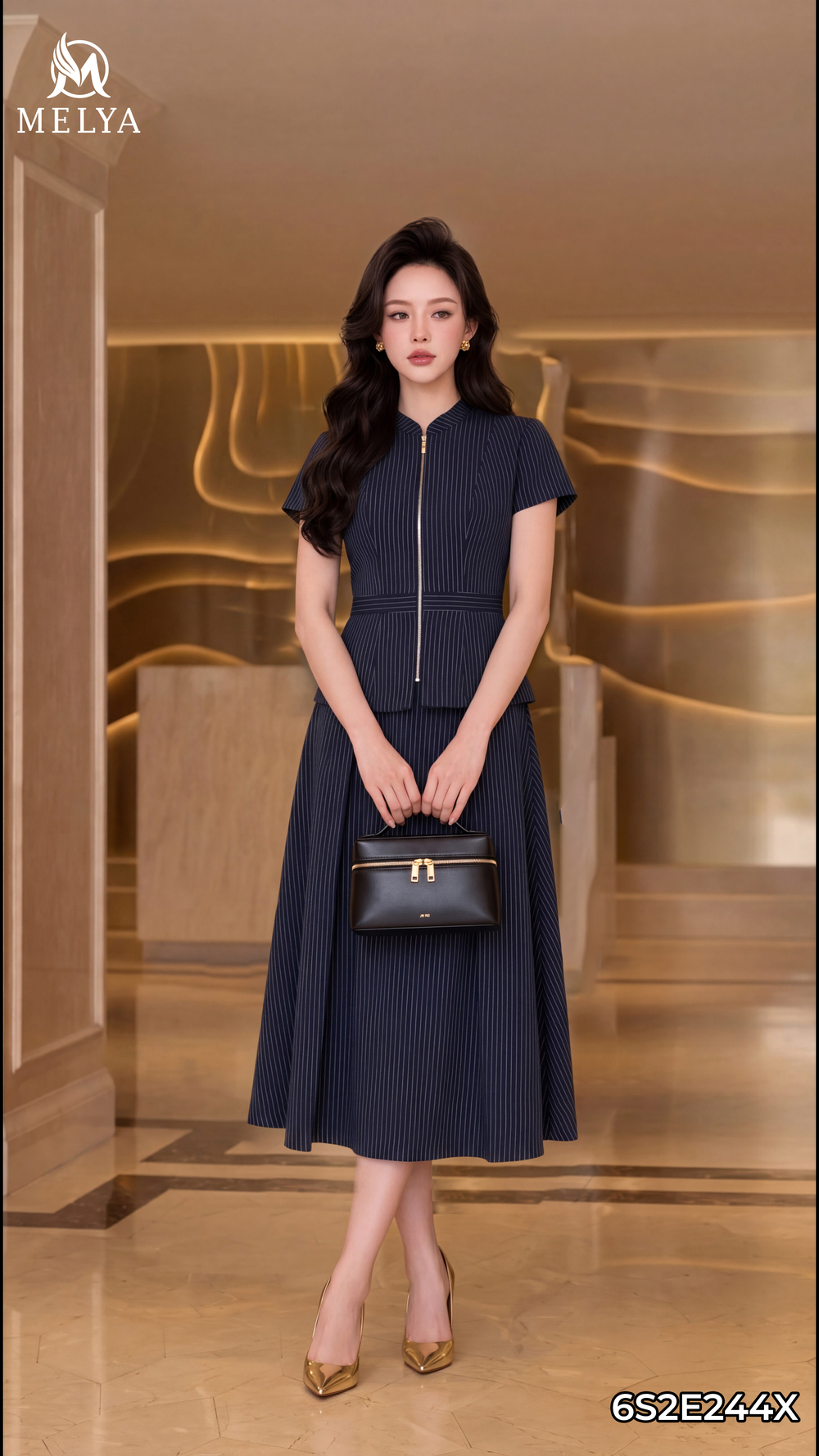 Set bộ - Áo kiểu & chân váy xòe kẻ - Xanh tím than