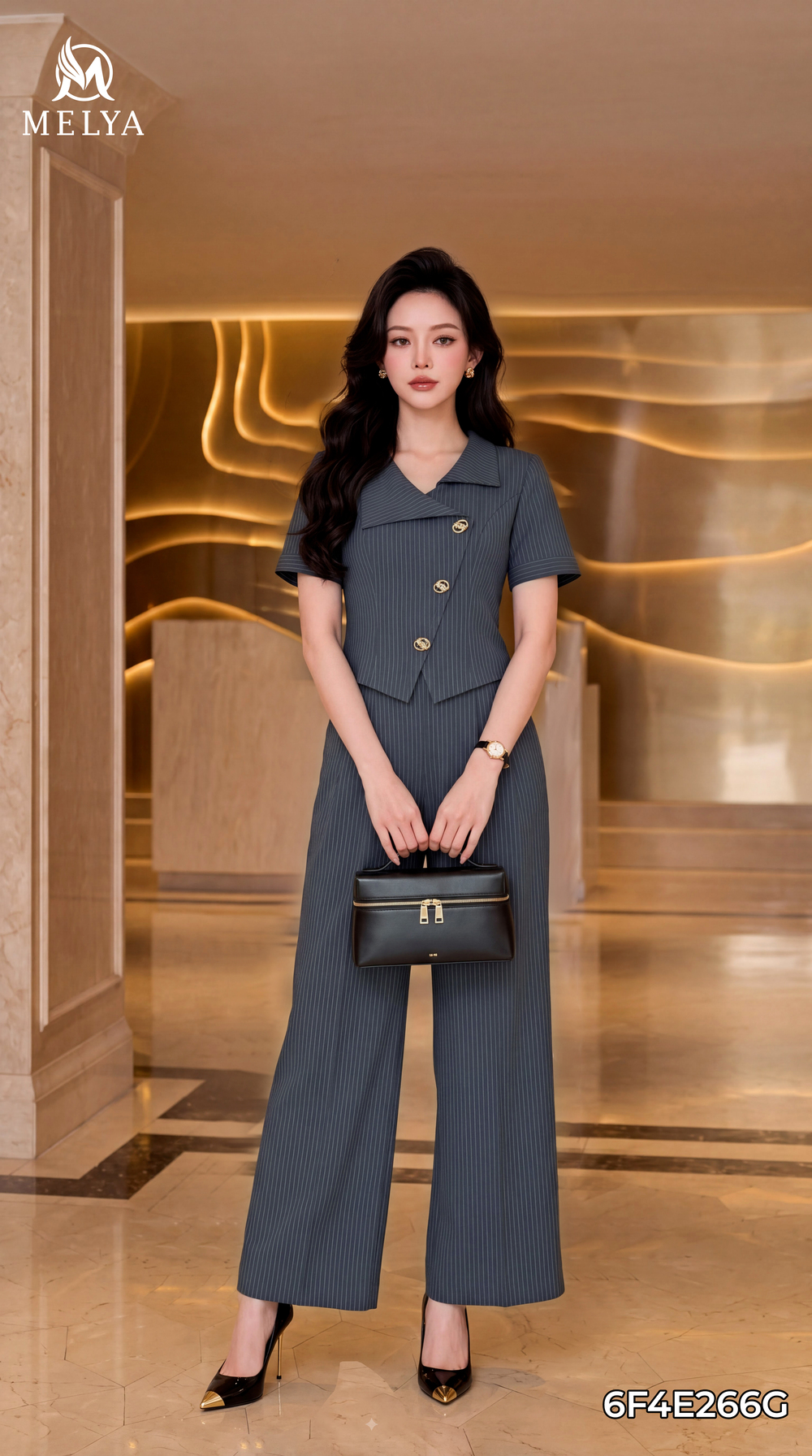 Set bộ - Áo kiểu & quần suông tuypsi kẻ - Xám ghi