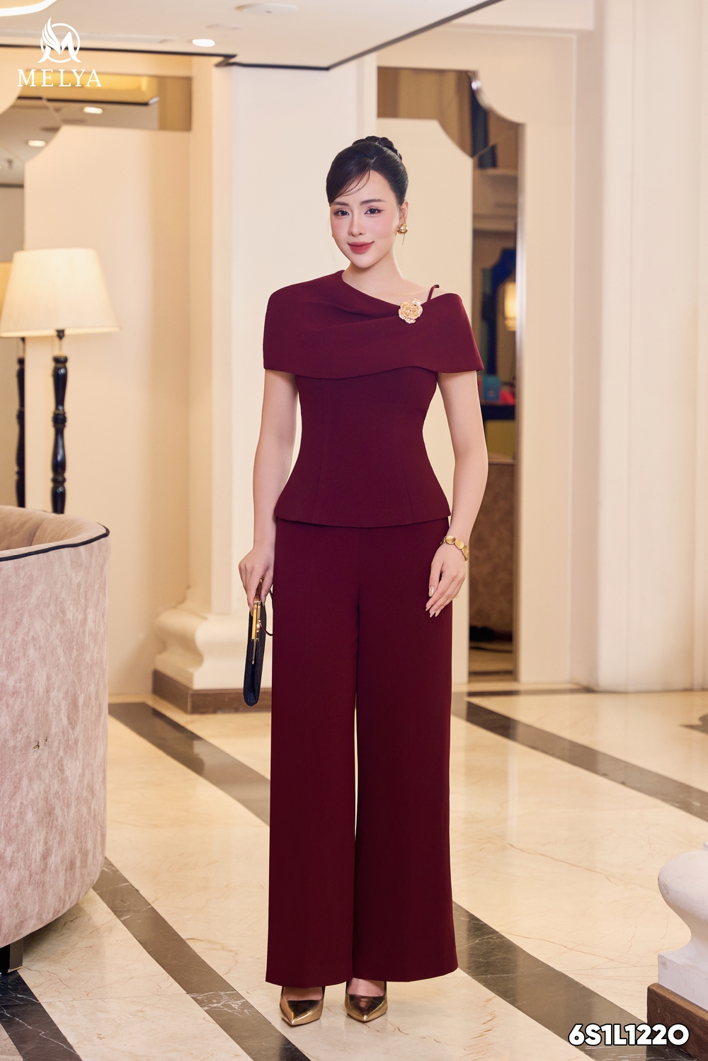 Set bộ - Hồng tước áo kiểu & quần - Đỏ rượu vang