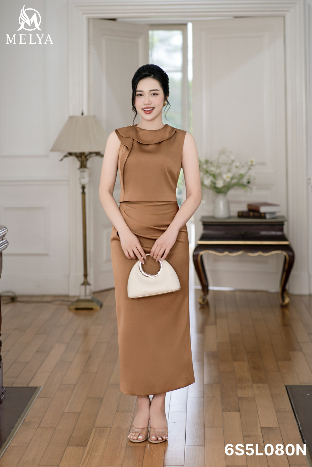 Set bộ - Nâu sa áo kiểu croptop & chân váy ôm - Nâu tây