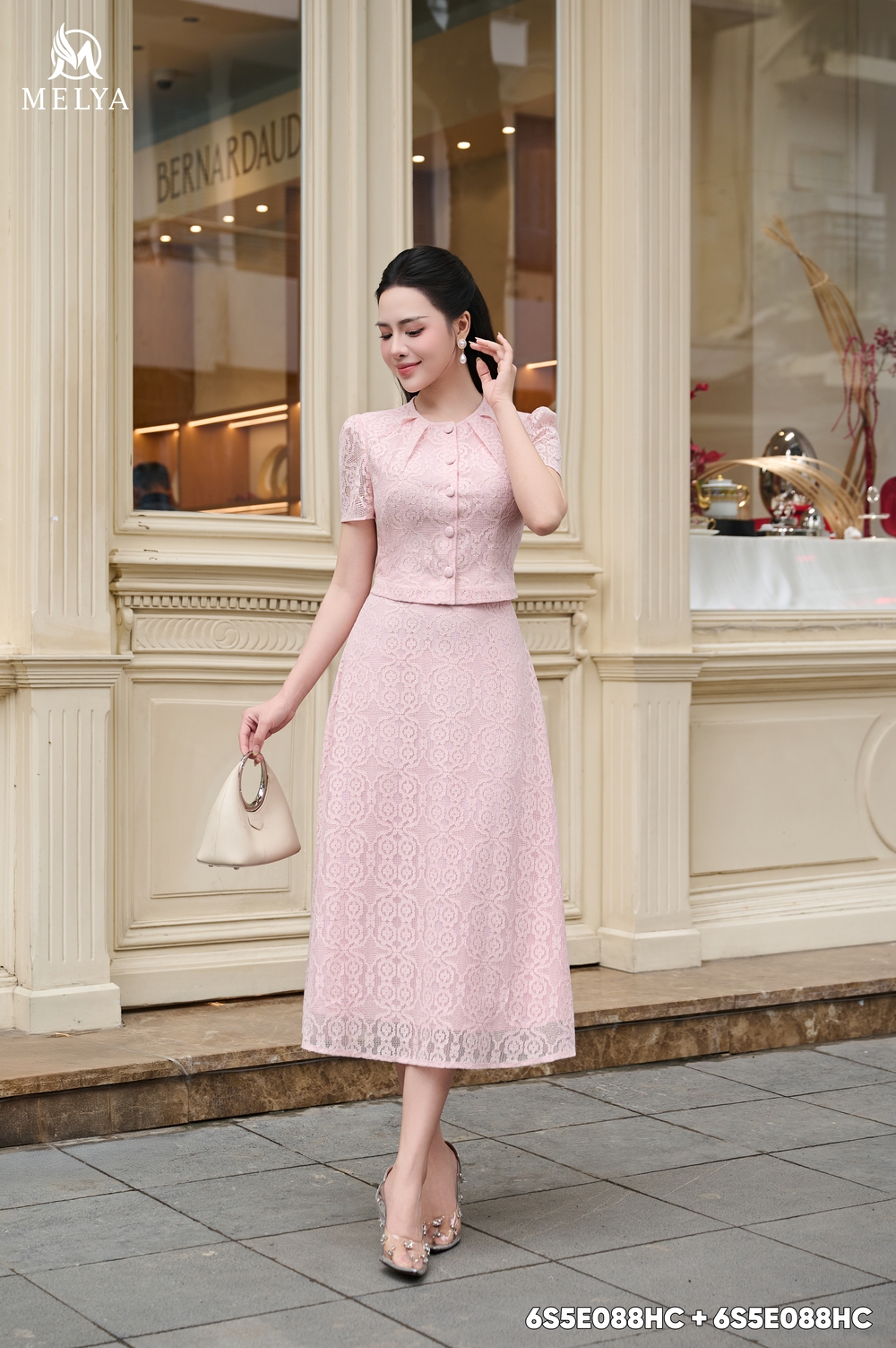 Set bộ - Ngọc hồng áo croptop & chân váy xòe - Hồng phấn