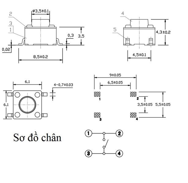 10 Nút Nhấn Button 6x6x4.3mm 4 chấu DIP