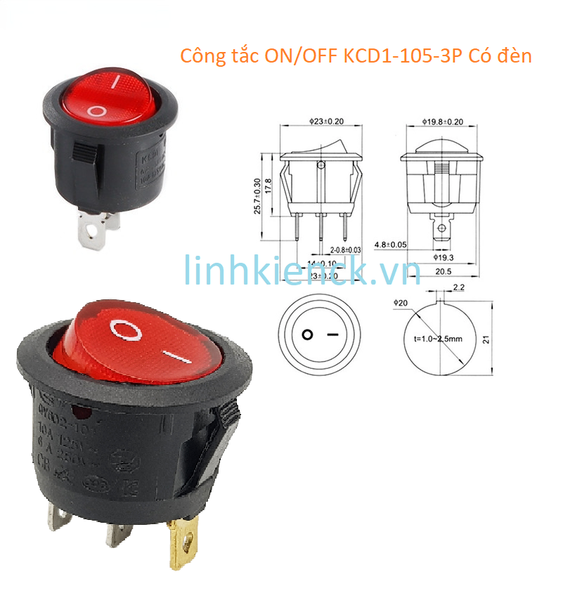 Công Tắc Tròn ON OFF Có Đèn KCD1-105 3PIN (ĐỎ)