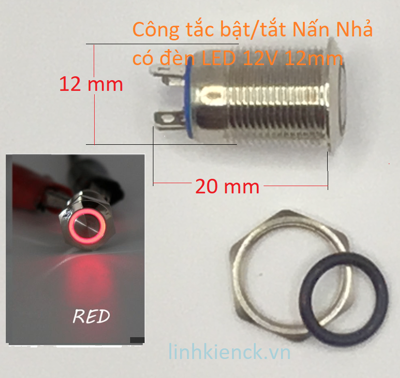 Công tắc bật/tắt Nhấn Nhả có đèn LED 12V 12mm RED (Màu Đỏ)