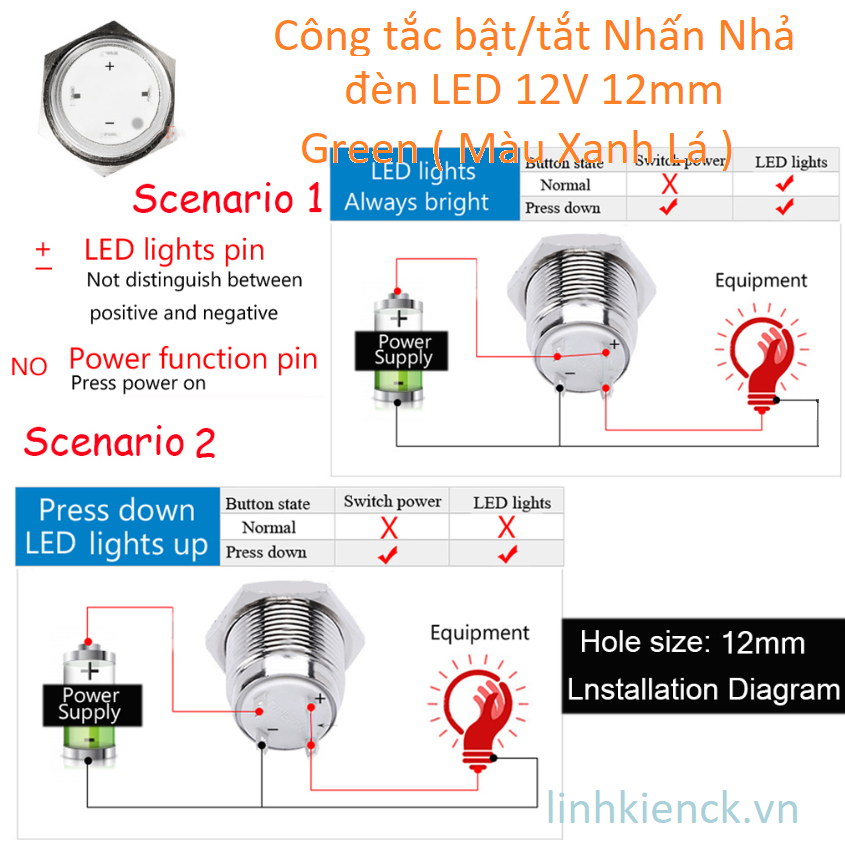 Công tắc bật/tắt Nhấn Nhả có đèn LED 12V 12mm Green (Màu Xanh Lá)