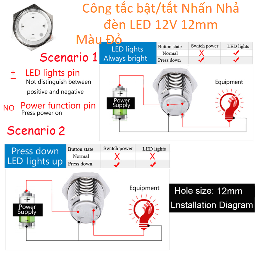 Công tắc bật/tắt Nhấn Nhả có đèn LED 12V 12mm RED (Màu Đỏ)