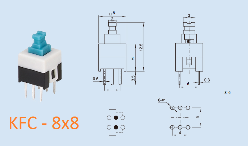 Công tắc bật / tắt / (clock) Nút nhấn nhả 6 chấu 8.5 x 8.5 mm (5 cái)