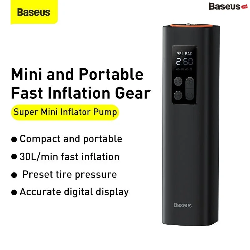 Máy bơm lốp xe thế hệ mới Baseus Super Mini Inflator Pump (12V/ 0.2 ~150PSI, 30L/min, LED Display, Portable Car Pump)