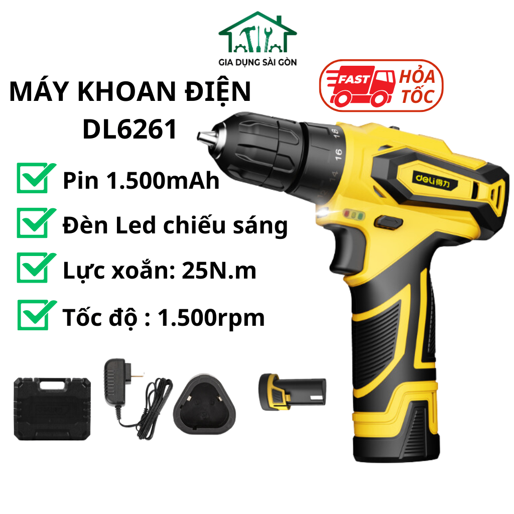 Máy khoan pin - Điện áp: 12V - Dung lượng pin: 1500mah - Lực siết tối đa: 25NM