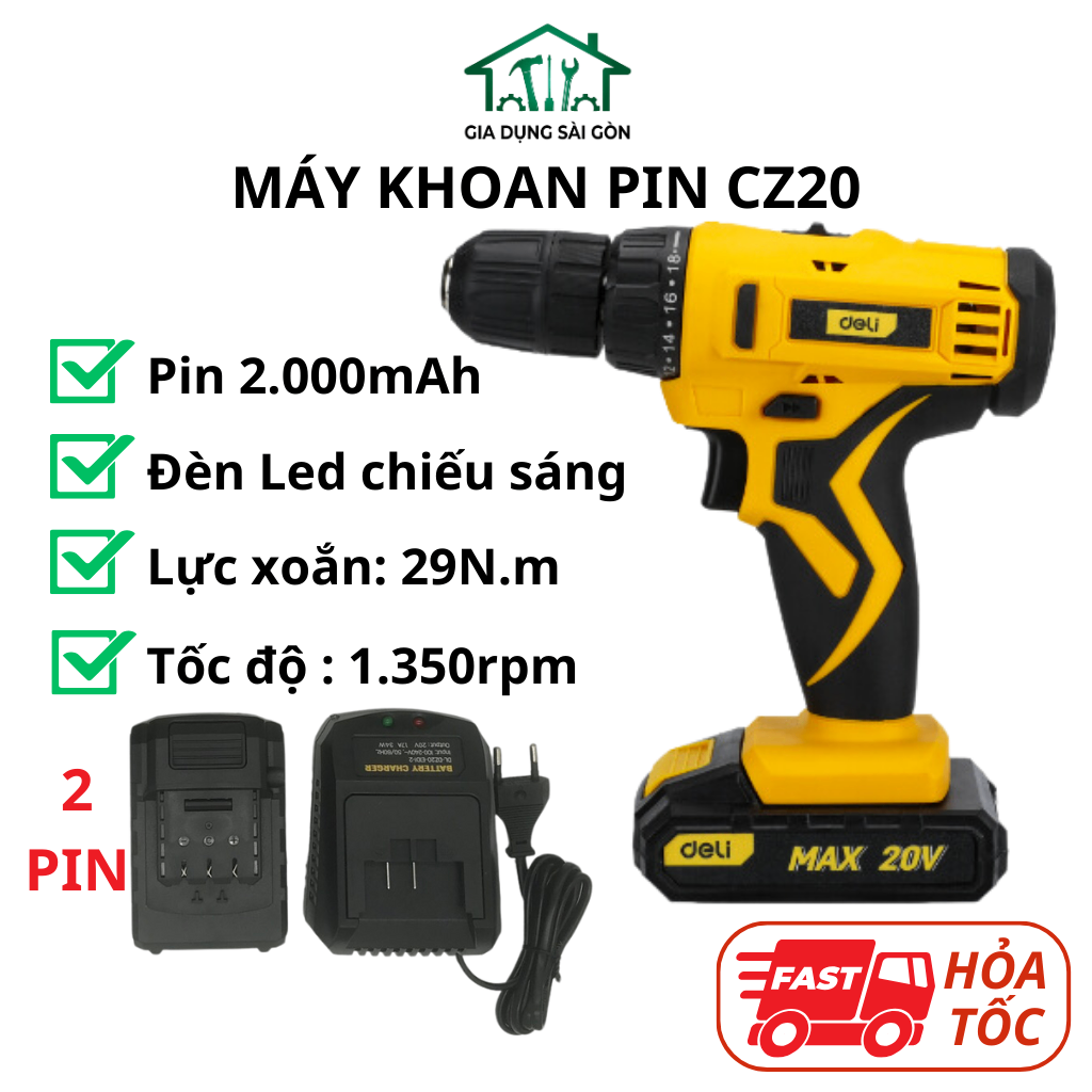 Máy khoan pin - Điện thế 20V - Hai tốc độ:0-350/0-1350/min - Mô men xoắn cực đại: 29NM