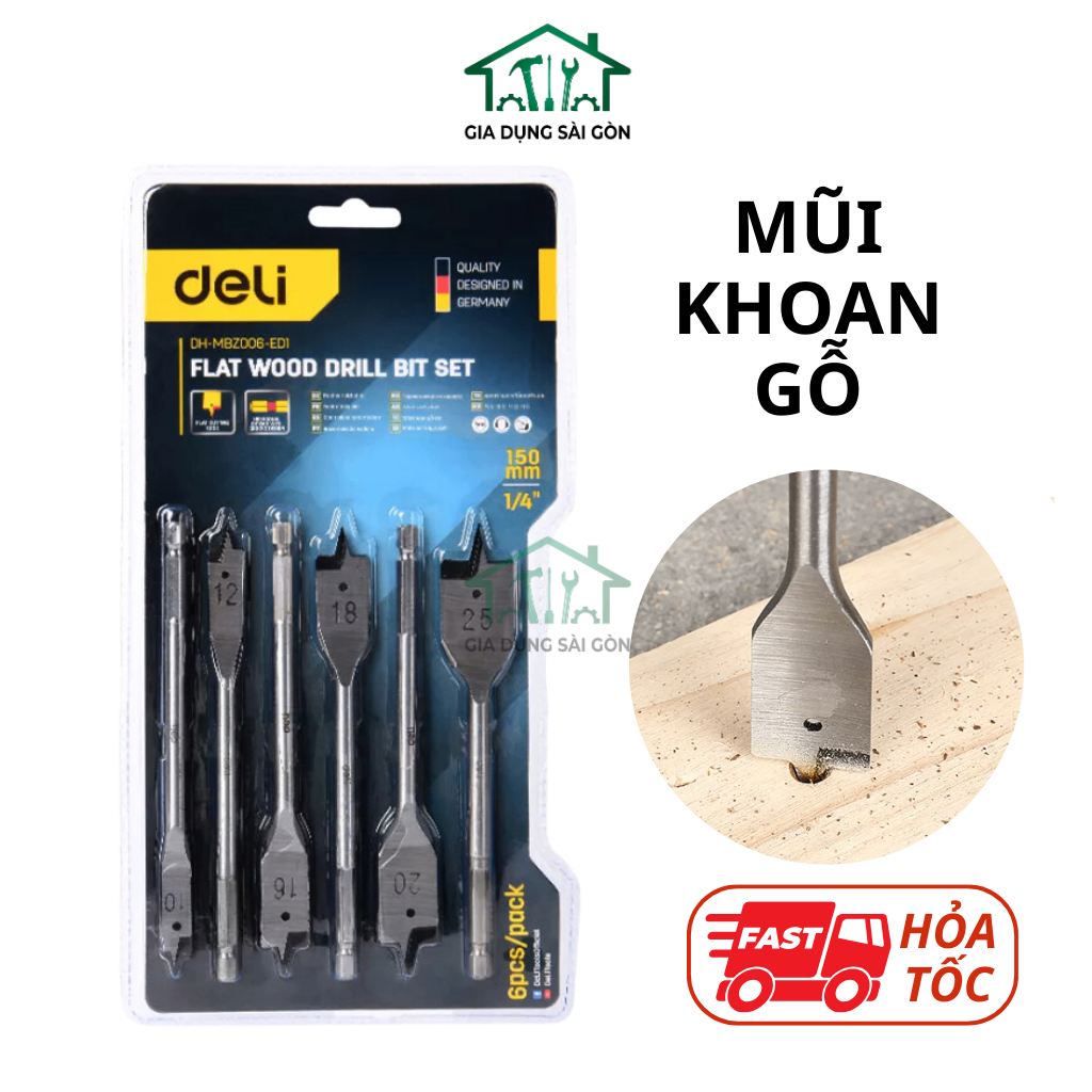 Bộ 6 mũi khoan gỗ đuôi cá ( 10mm, 12mm, 16mm, 18mm, 20mm, 25mm )