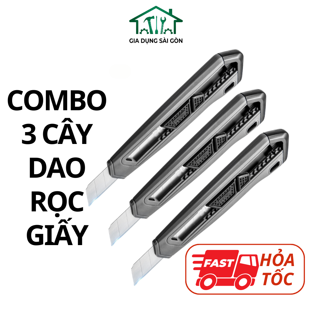 Combo 3 cây Dao rọc giấy 18mm, lưỡi SK5 - Đen