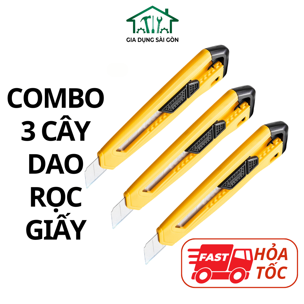 Combo 3 cây Dao rọc giấy 18mm, lưỡi SK5 - Vàng