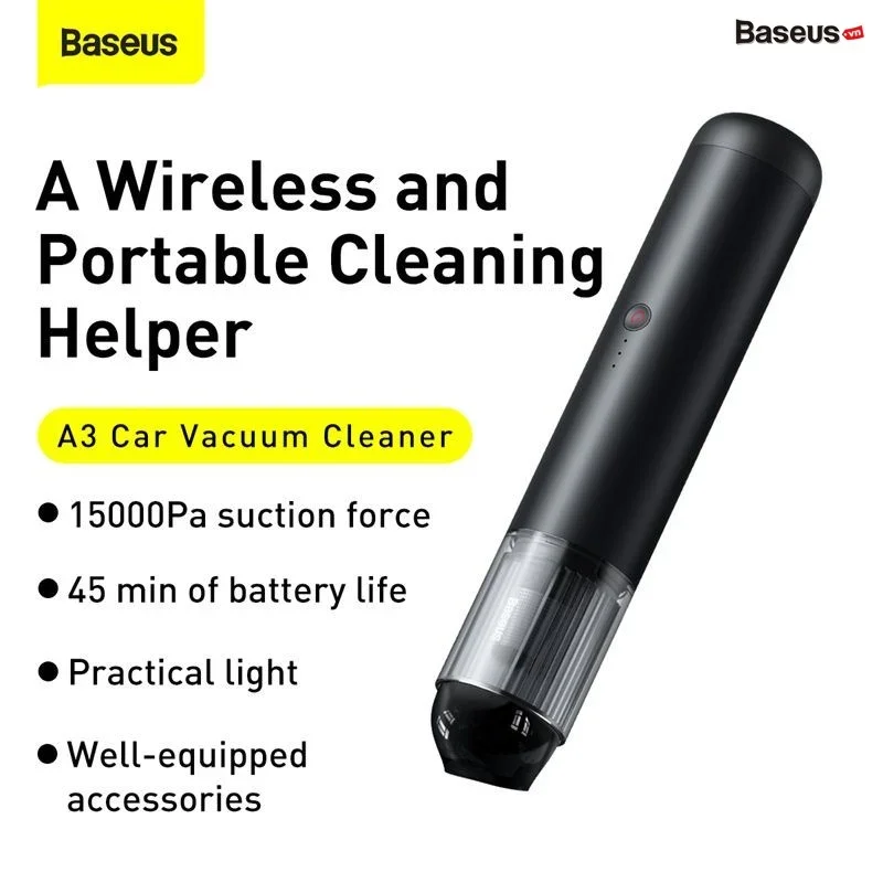 Máy hút bụi pin sạc cầm tay Baseus A3 Car Vacuum Cleaner (15000pa, 135W, Vacuum Portable Cleaner) - A3 Đen 2023