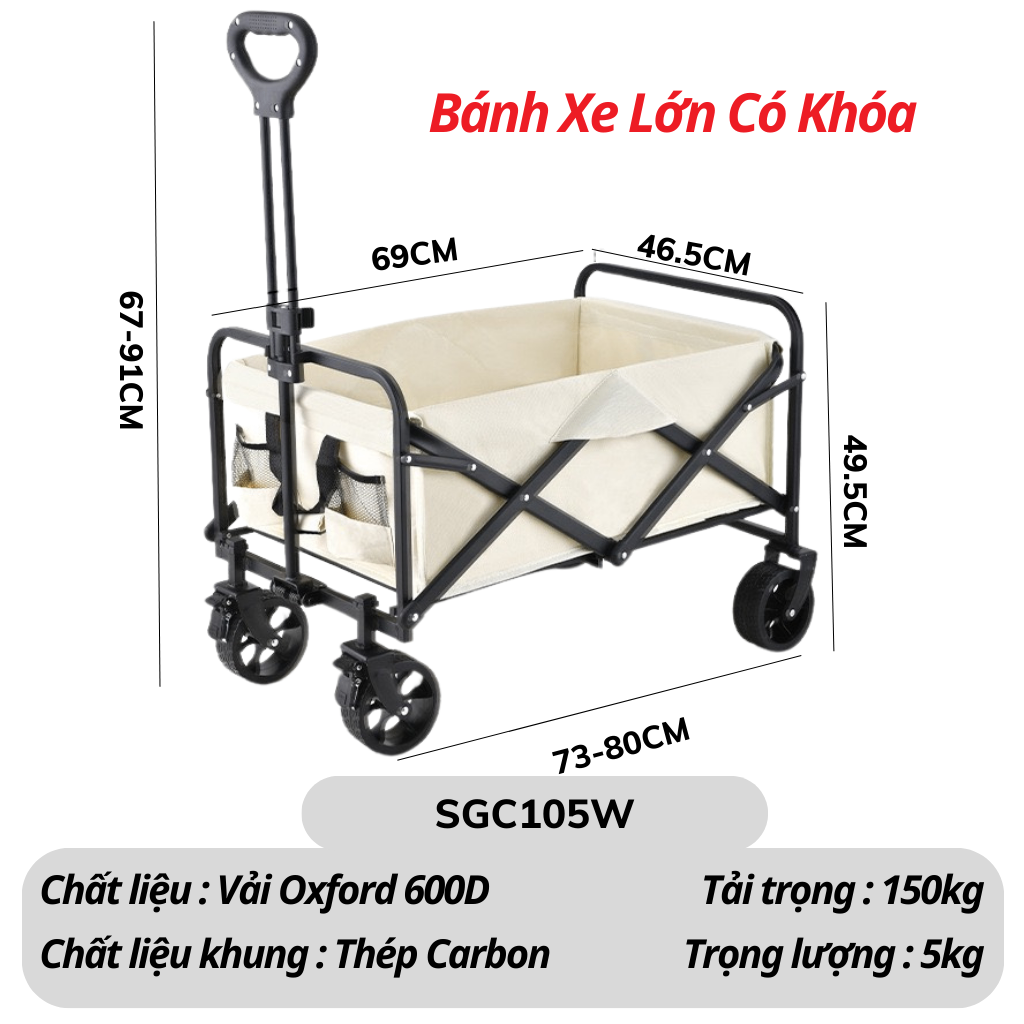 Xe kéo dã ngoại màu đen bánh xe lớn có khóa - Trắng