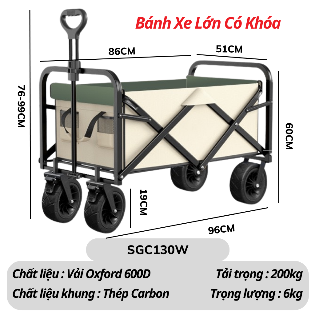 Xe kéo dã ngoại màu đen cỡ lớn bánh xe lớn có khóa - Trắng