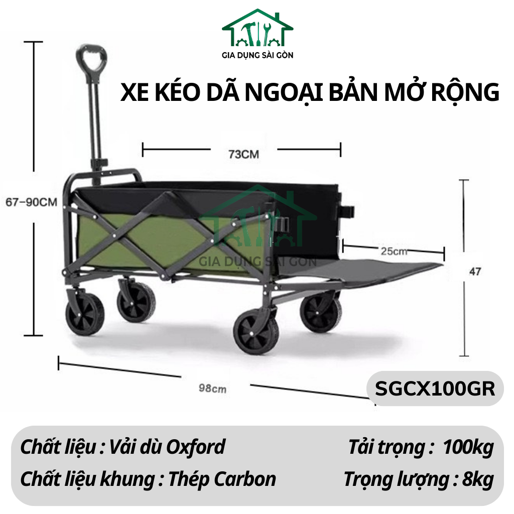 Xe kéo dã ngoại Size lớn bản mở rộng - Xanh