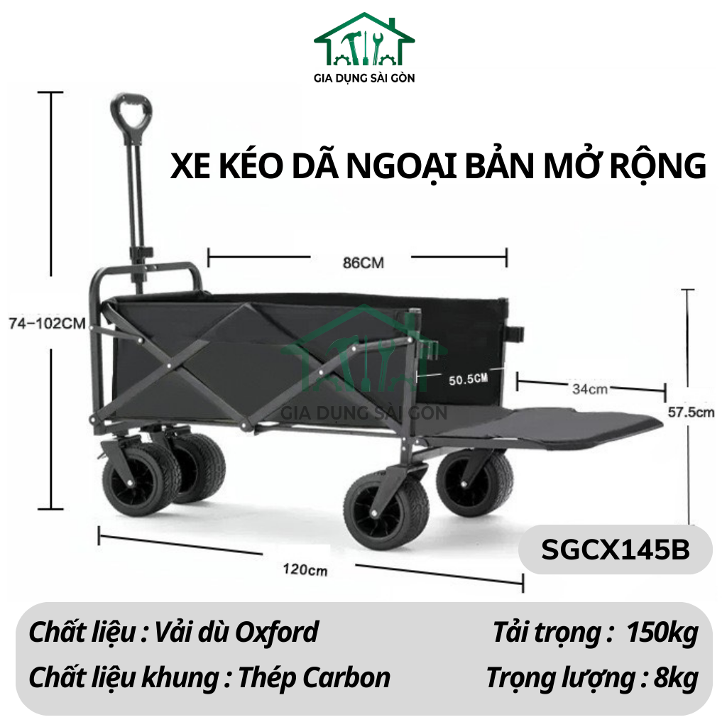 Xe kéo dã ngoại Size lớn bản mở rộng Đen