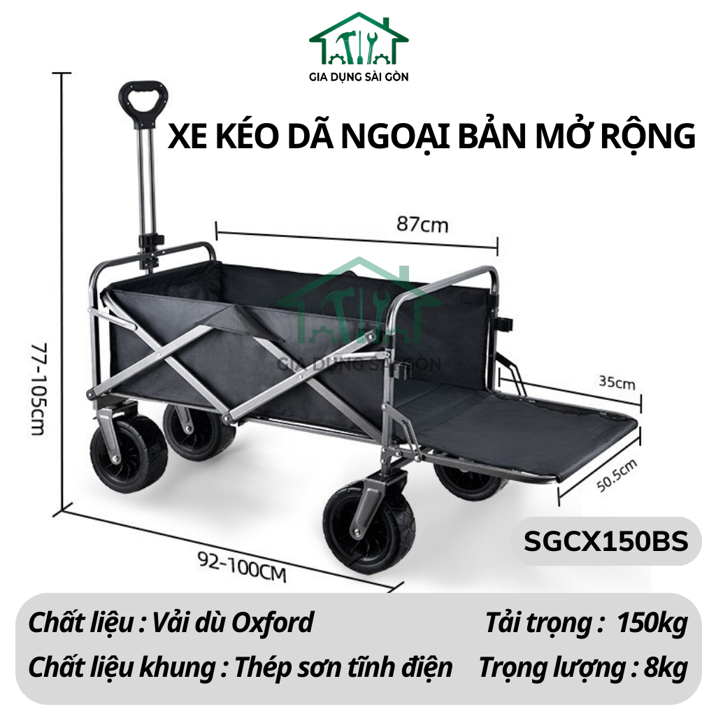 Xe kéo dã ngoại Size lớn bản mở rộng Đen Khung sơn tĩnh điện